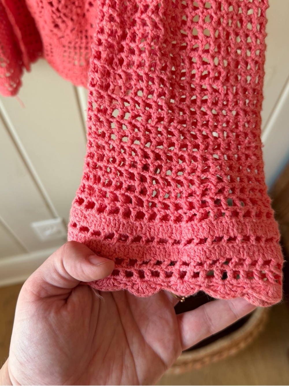 Vintage Carolyn Taylor Coral Pink Crochet Cover-Up Cardigan, Tie Front, Size M - Picture 7 of 9